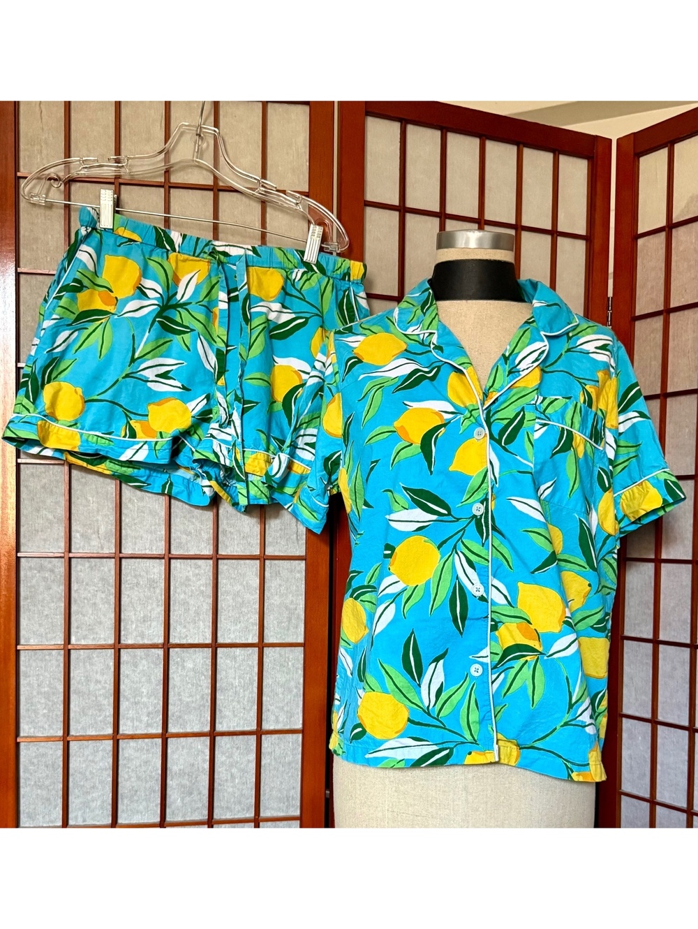 Printfresh Lemon Print Short Pajama Set Blue Yellow Cotton PJs Size S - Picture 2 of 9